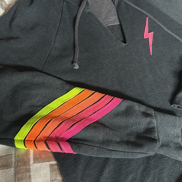 Aviator Nation Charcoal Pink Neon Bolt Crop Hoodie M - RARE - Picture 3 of 4